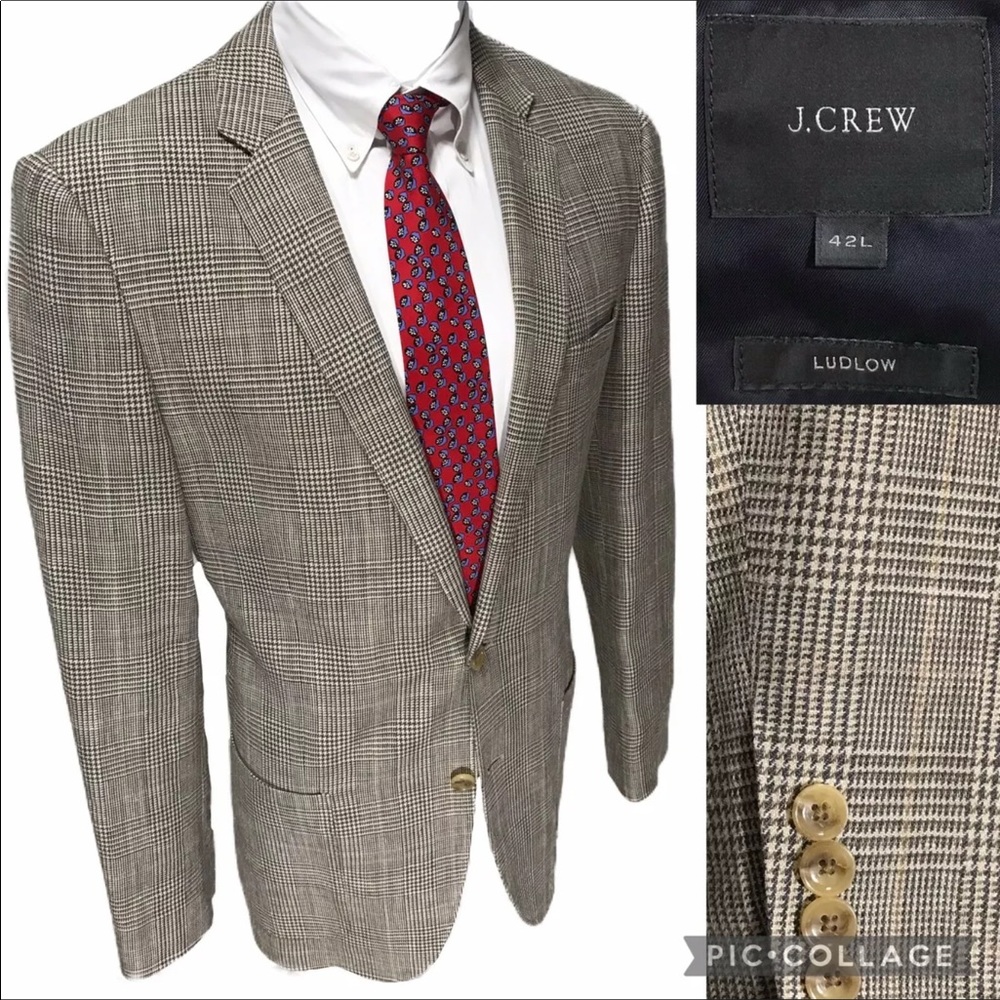 J. Crew Ludlow Spring Blazer Silk Linen Blend 38XL, 38L Beige Tan Glenn Plaid